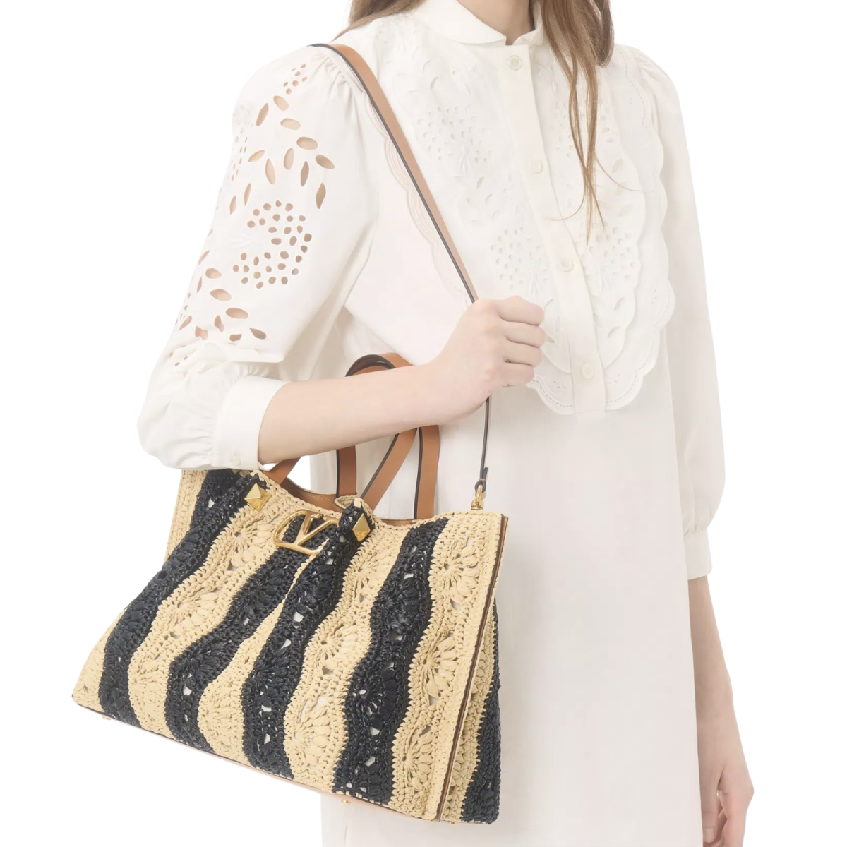 Valentino Garavani Medium Raffia Shopping Bag with Wave Motif.