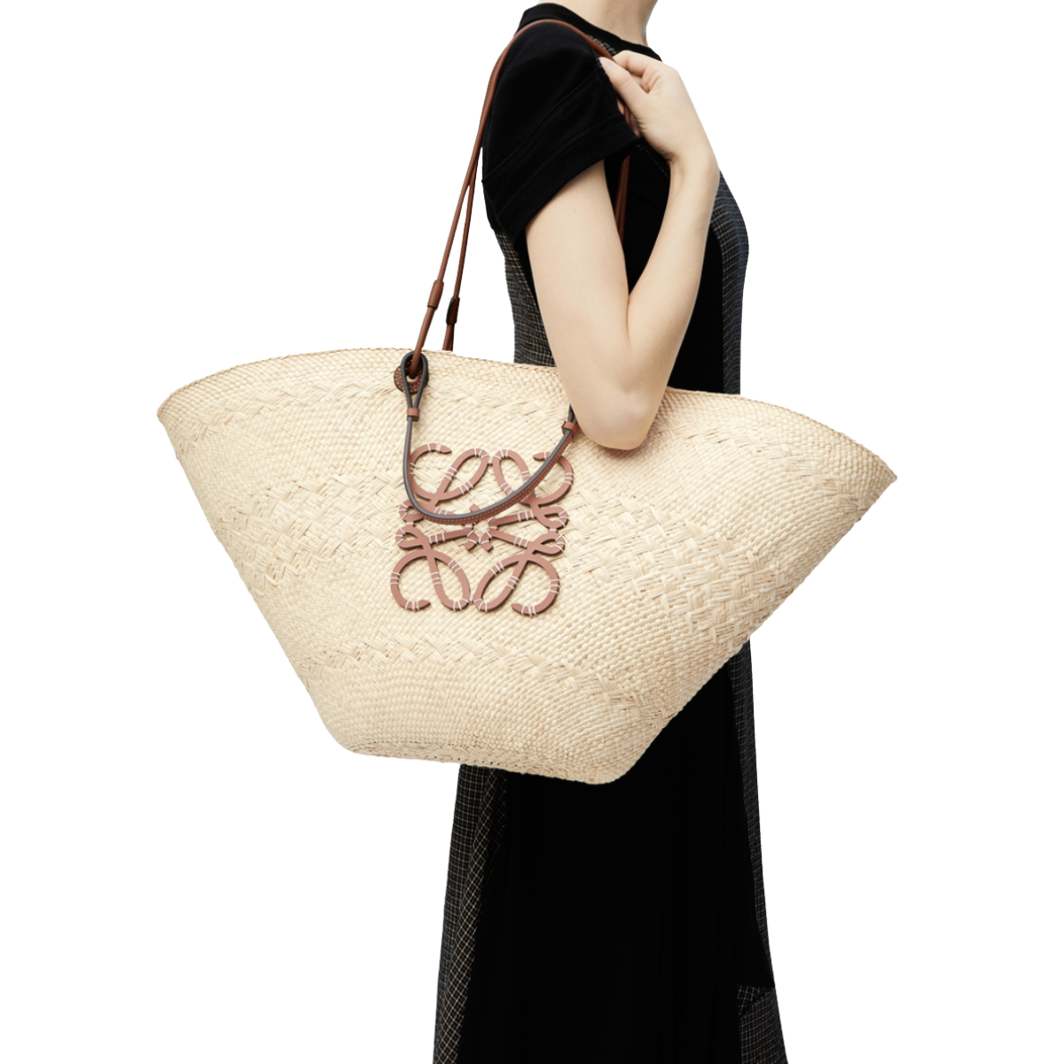 Loewe Large Anagram Basket Bag in Iraca Palm and Calfskin