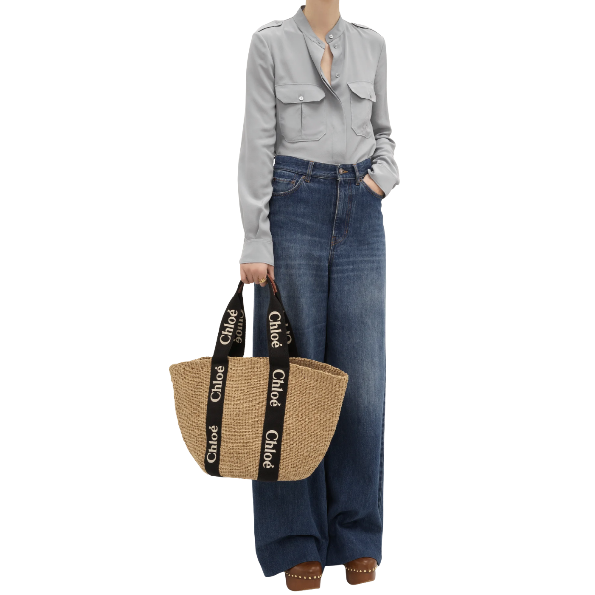Chloé Large Woody tote bag in natural fibers