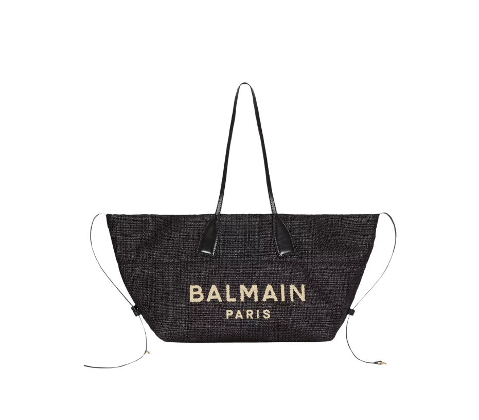 Balmain Track Tote Bag in Raffia and Calfskin