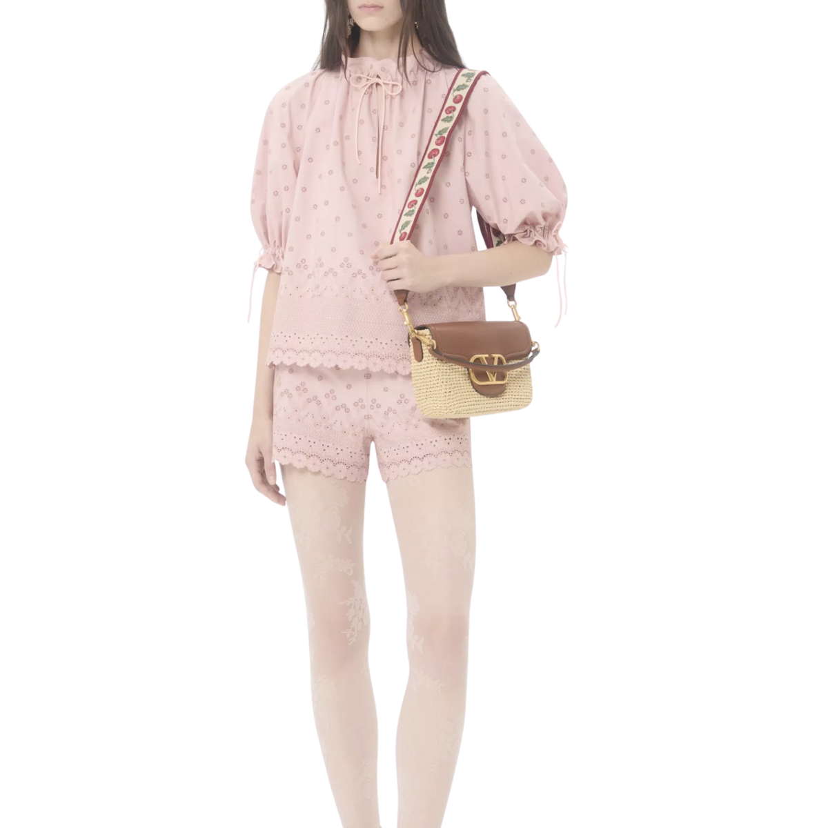 Valentino Garavani Alltime Shoulder Bag in Raffia and Grainy Calfskin with Ribbon Strap Featuring Cherryfic Embroidery