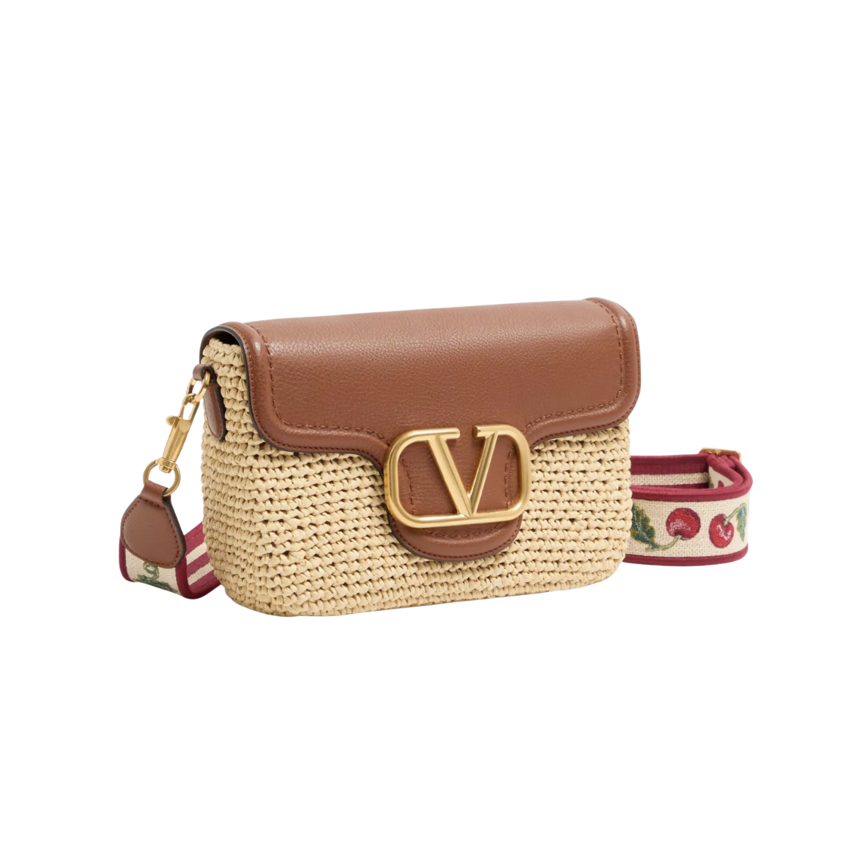 Valentino Garavani Alltime Shoulder Bag in Raffia and Grainy Calfskin with Ribbon Strap Featuring Cherryfic Embroidery