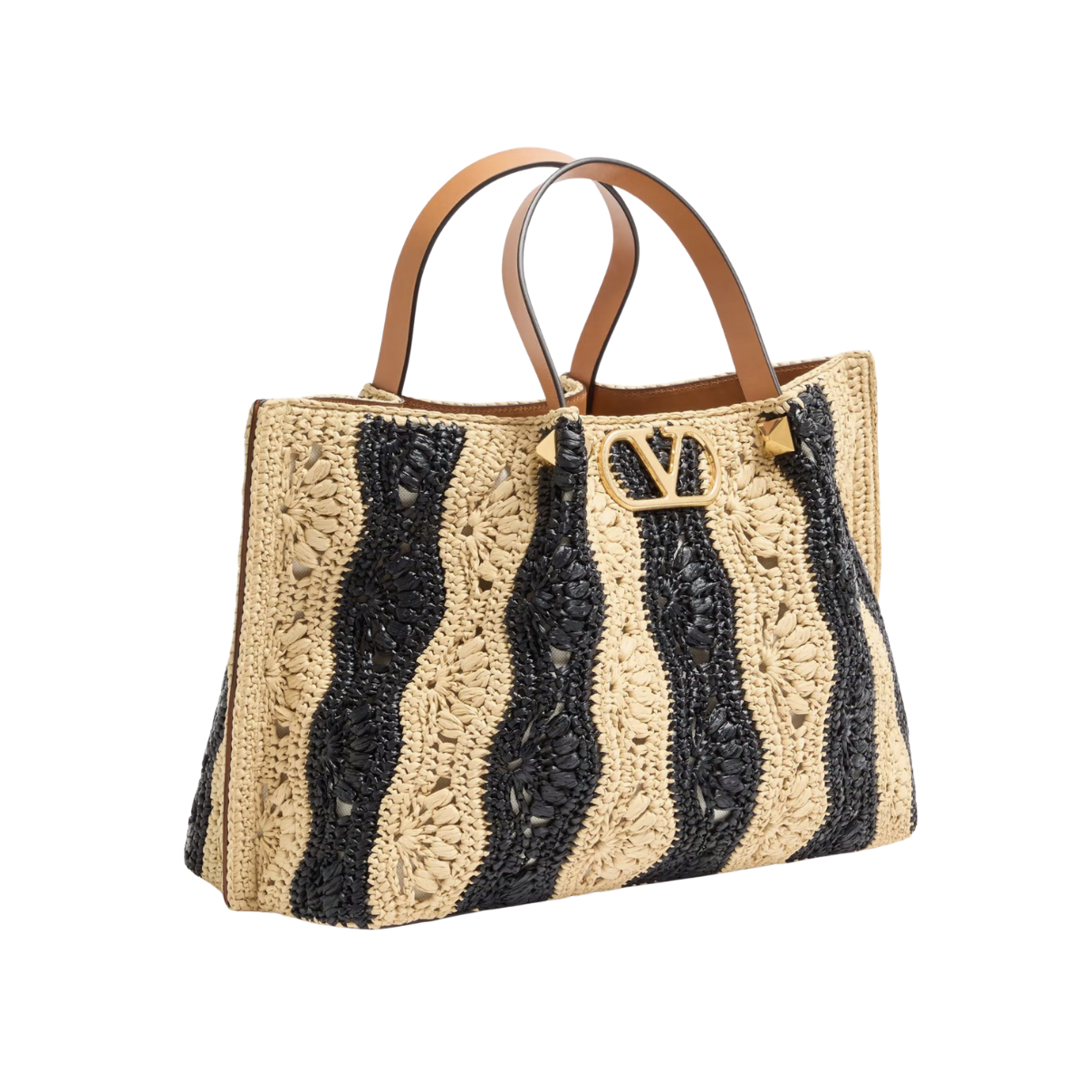 Valentino Garavani Medium Raffia Shopping Bag with Wave Motif.