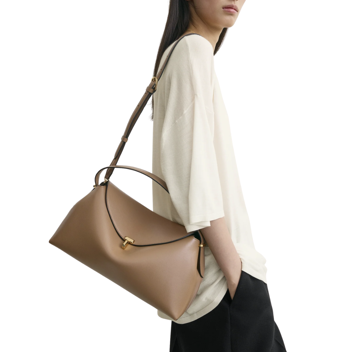 Toteme T-lock Leather Top Handle Camel