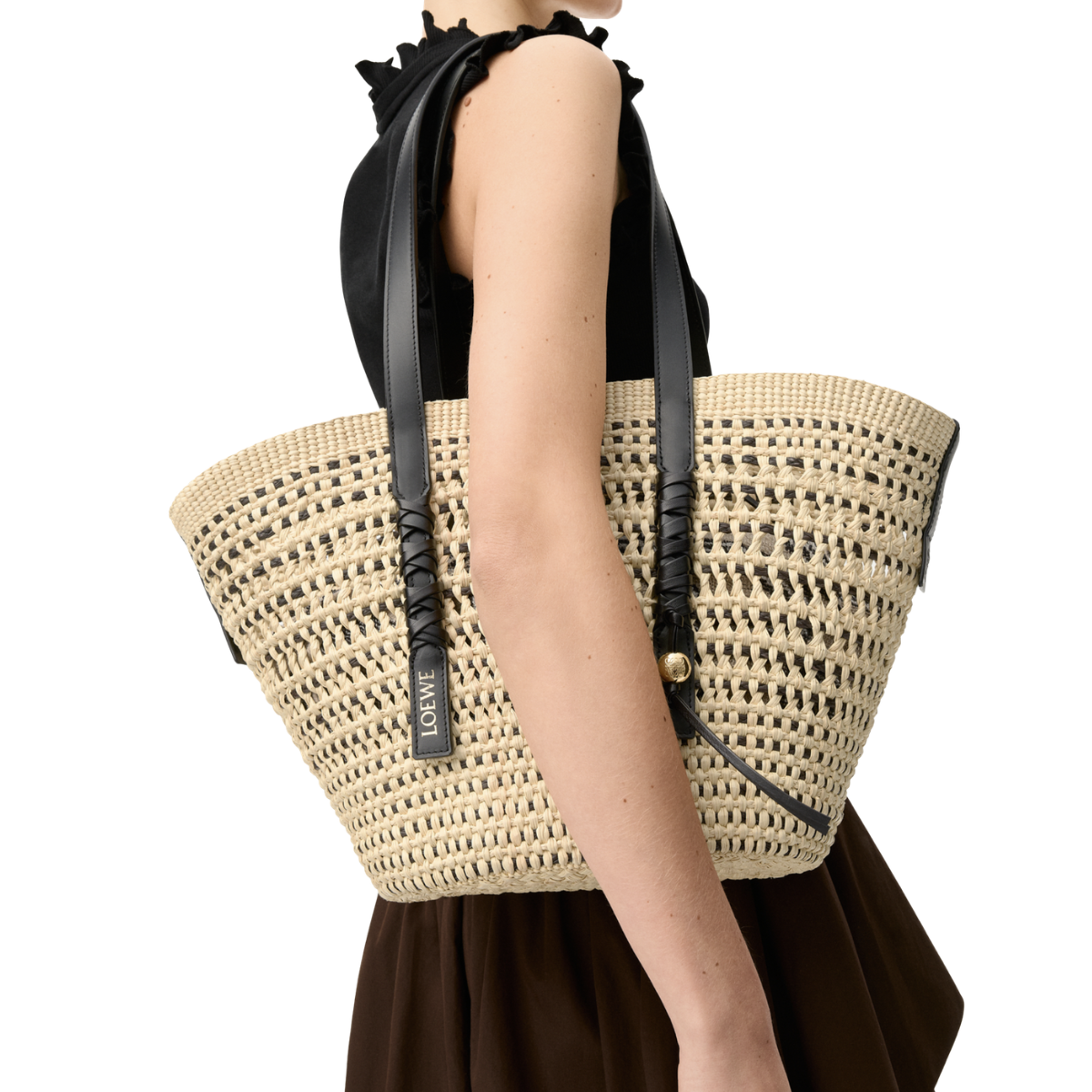 Loewe Medium Braid Basket in Iraca Palm and Calfskin