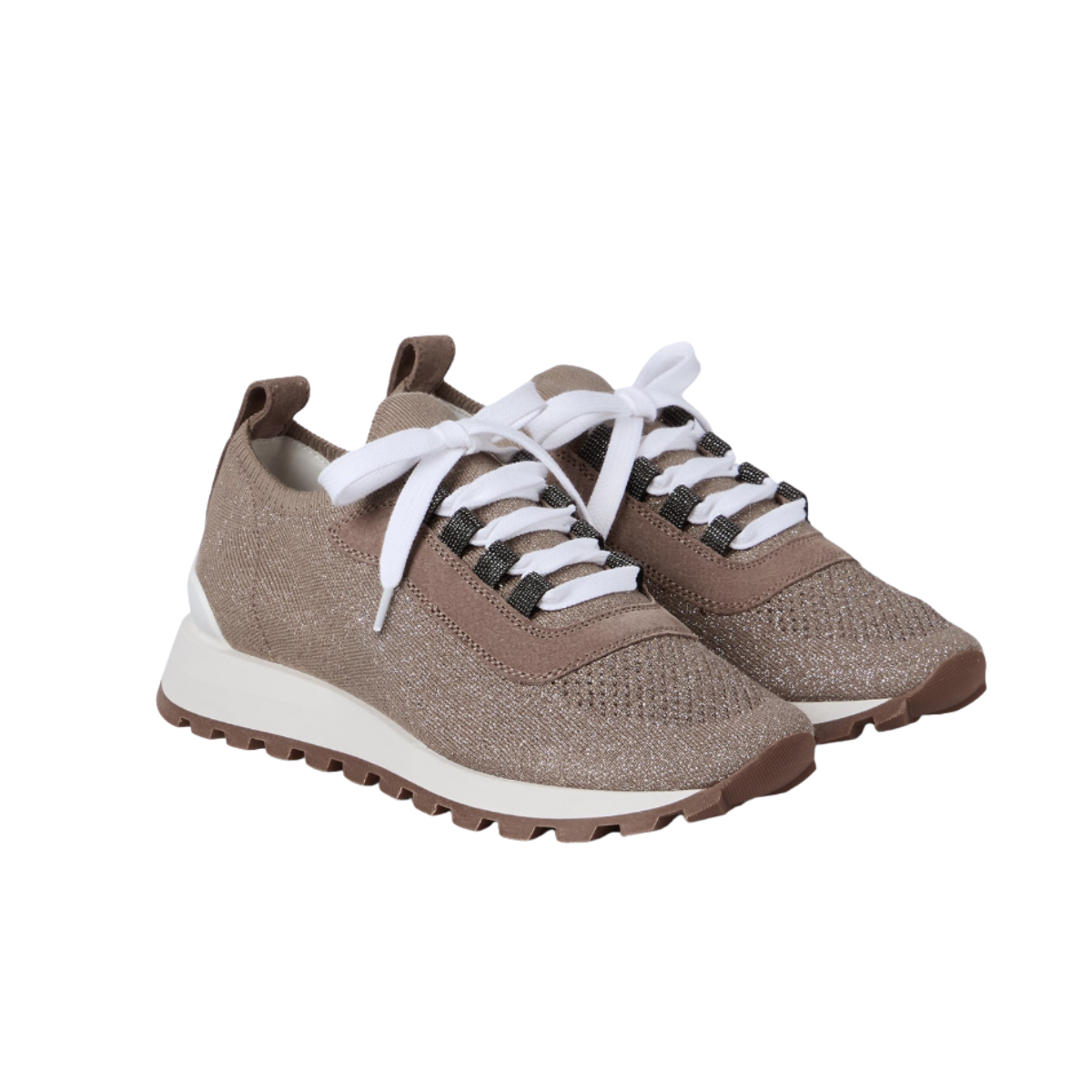 Brunello Cucinelli Suede and Sparkling Cotton Knit Runners with Shiny Eyelets