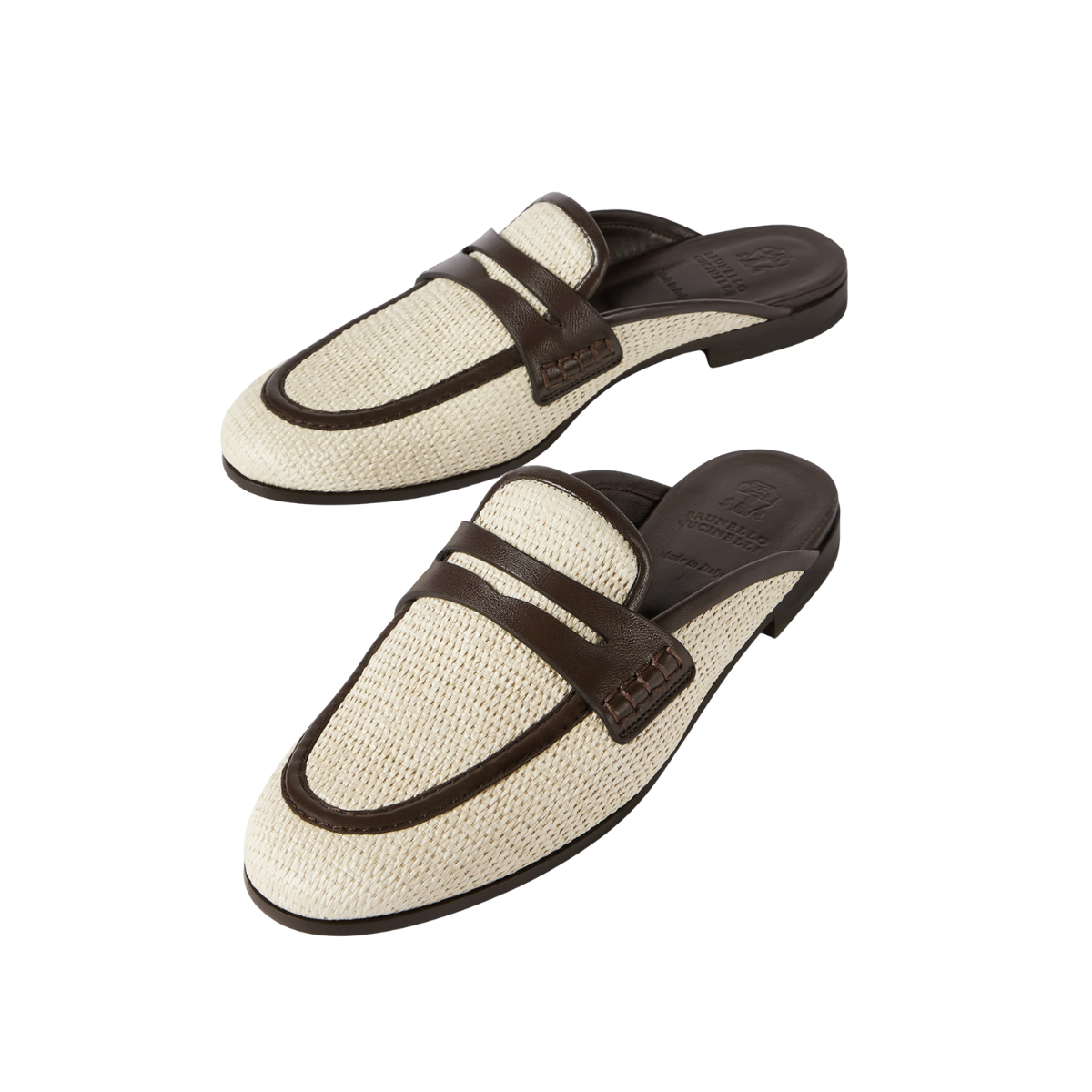 Brunello Cucinelli Techno raffia and leather mules
