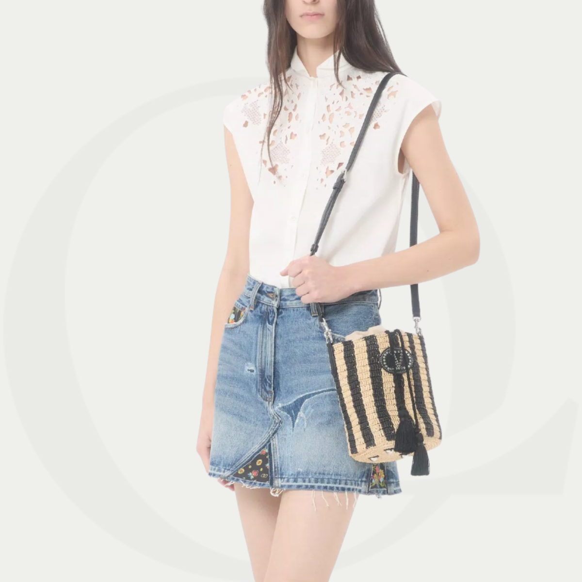 Valentino small bucket bag in striped raffia