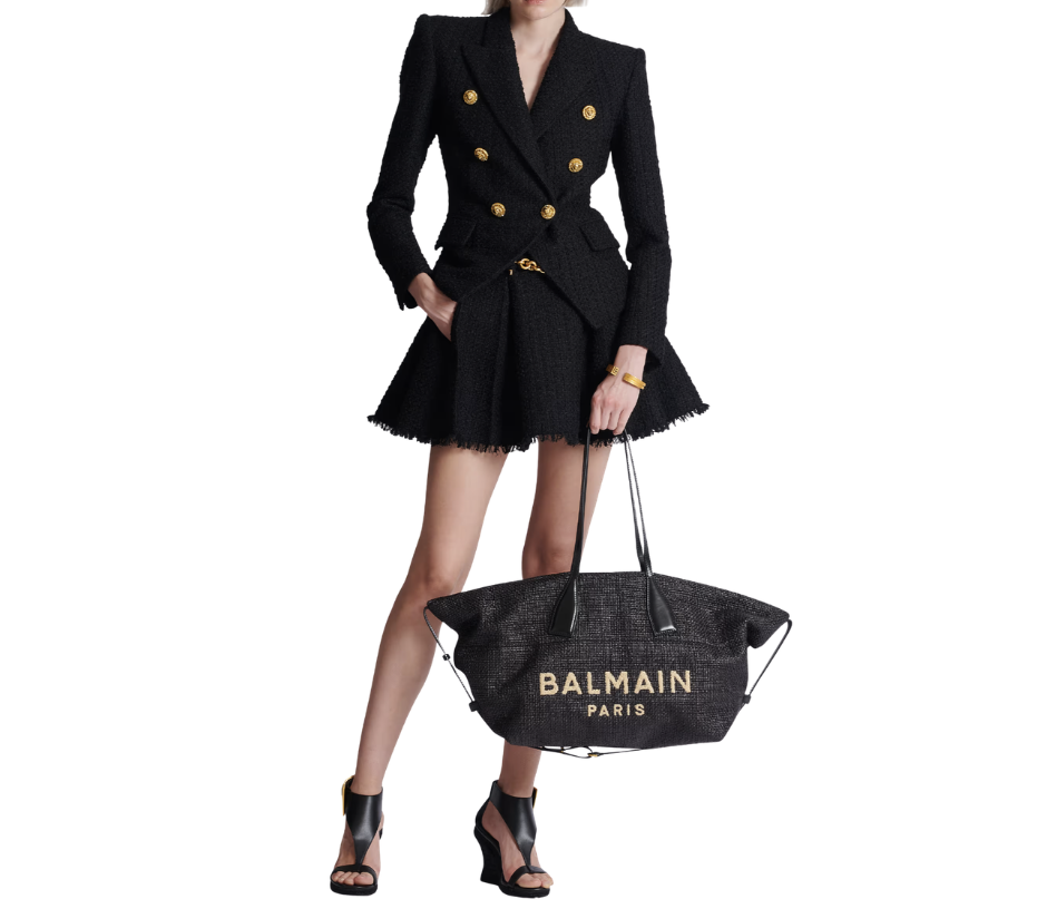 Balmain Track Tote Bag in Raffia and Calfskin