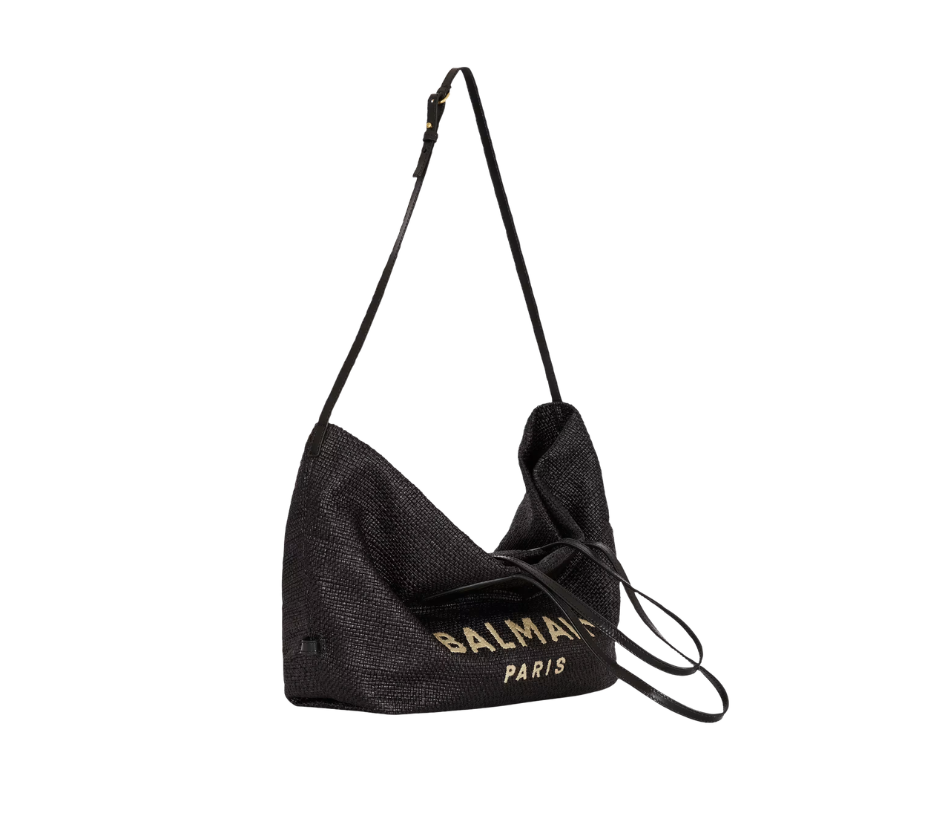 Balmain Track Tote Bag in Raffia and Calfskin