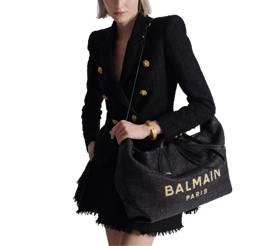 Balmain Track Tote Bag in Raffia and Calfskin