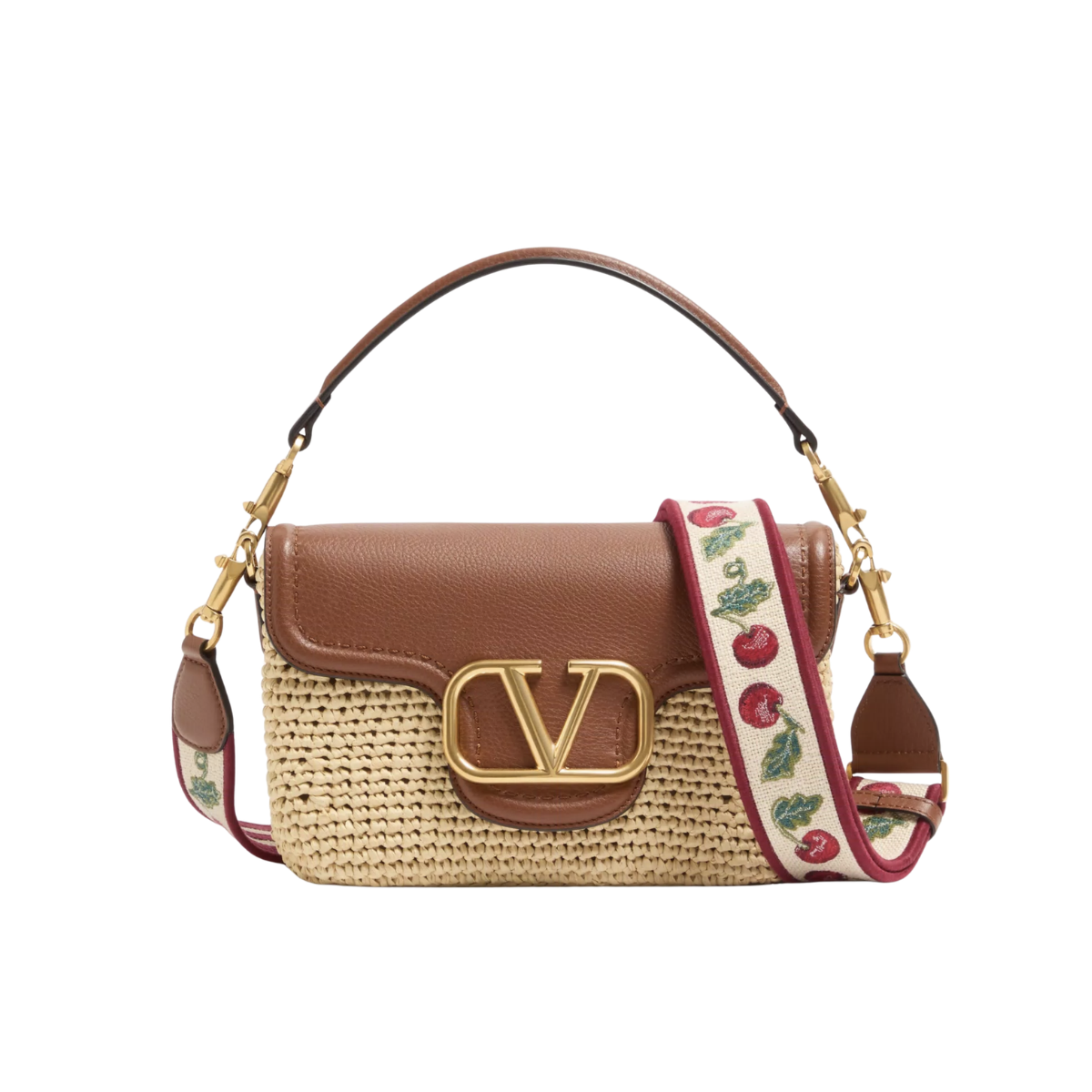 Valentino Garavani Alltime Shoulder Bag in Raffia and Grainy Calfskin with Ribbon Strap Featuring Cherryfic Embroidery