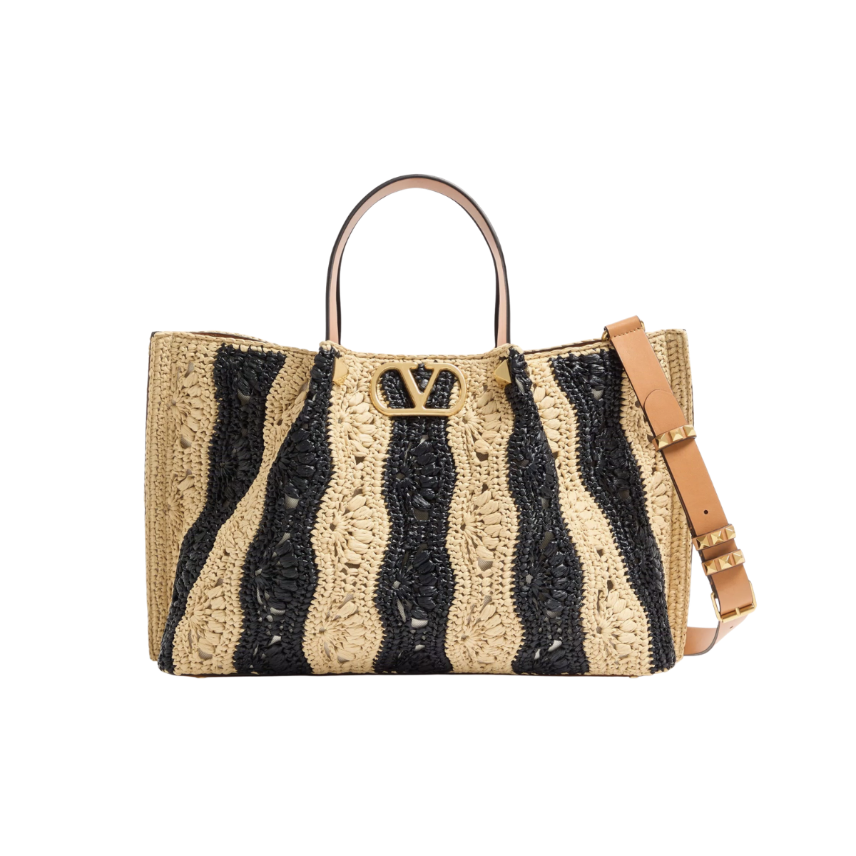 Valentino Garavani Medium Raffia Shopping Bag with Wave Motif.